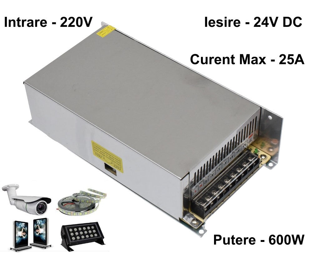 Sursa de Alimentare Slim, Carcasa Metalica, Interior, 24V, 600W, 25A