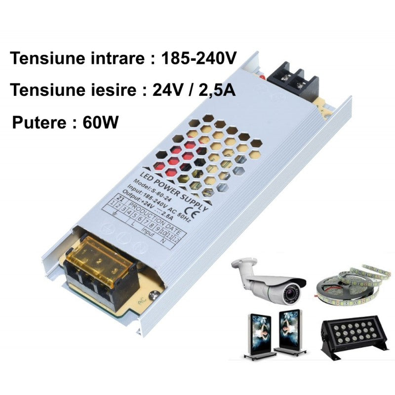 Sursa de Alimentare, Slim, Interior, 24V, 2,5A, 60W