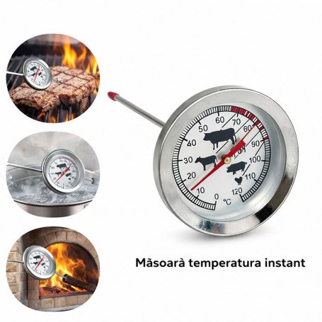 Termometru Metalic Analog cu Tija 0–120 grade Celsius pentru Gratar, Cuptor si Afumatoare - HoReCa | DALBI