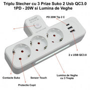 Triplu Stecher Multifunctional cu 2 x Usb QC3.0 - 1PD 20W si Lumina de Veghe