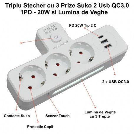 Triplu Stecher Multifunctional cu 2 x Usb QC3.0 - 1PD 20W si Lumina de Veghe