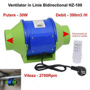 Ventilator Booster Bidirectional 4'' (100mm), 30W, 390m3/h, Telecomanda - Montaj pe Tubulatura HZ-100H